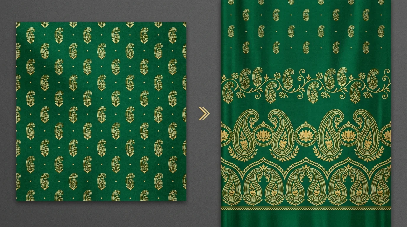 AI design extension turning a saree body repeat into an engineered pallu panel for digital printing