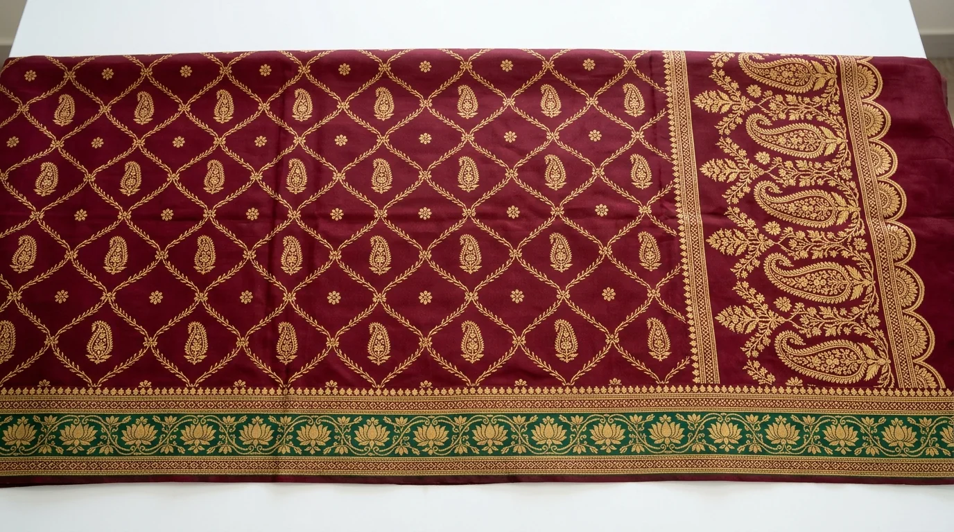 Digital saree print design laid flat showing trellis body repeat, lotus border, and paisley pallu panel