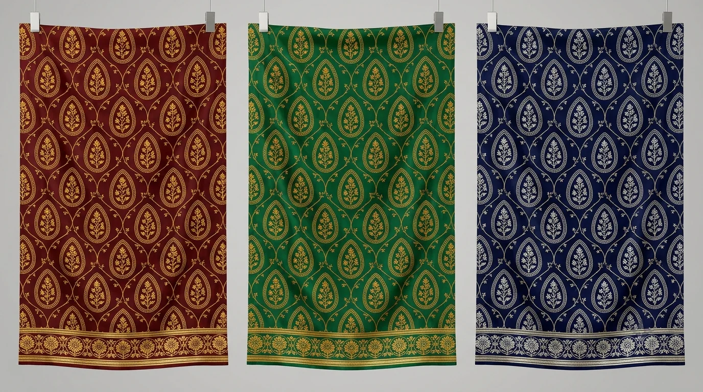 Digital saree print design colorways generated with AI in maroon gold, emerald gold, and navy silver palettes