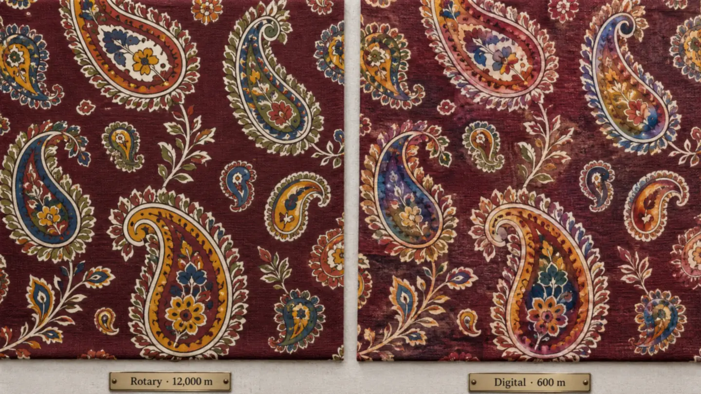 Digital vs rotary screen printing comparison of the same paisley textile design: flat spot colours on the rotary swatch, tonal gradients on the digital swatch