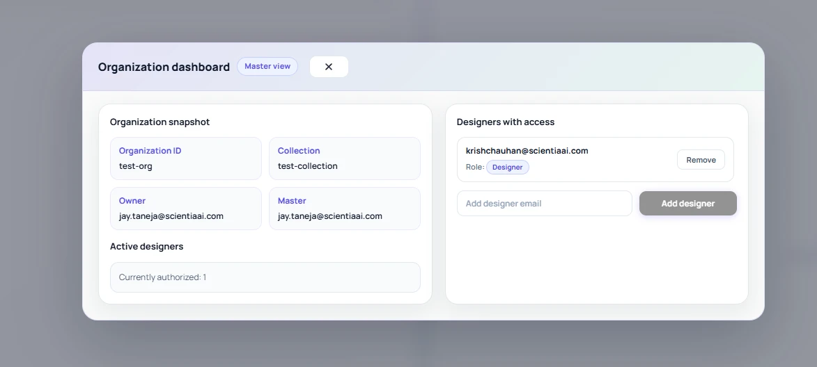 Admin dashboard for textile design archive image search with team management and usage analytics