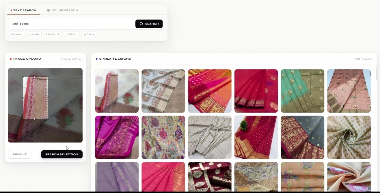 Reference photo search finding a fabric image inside a textile design archive with matching variants