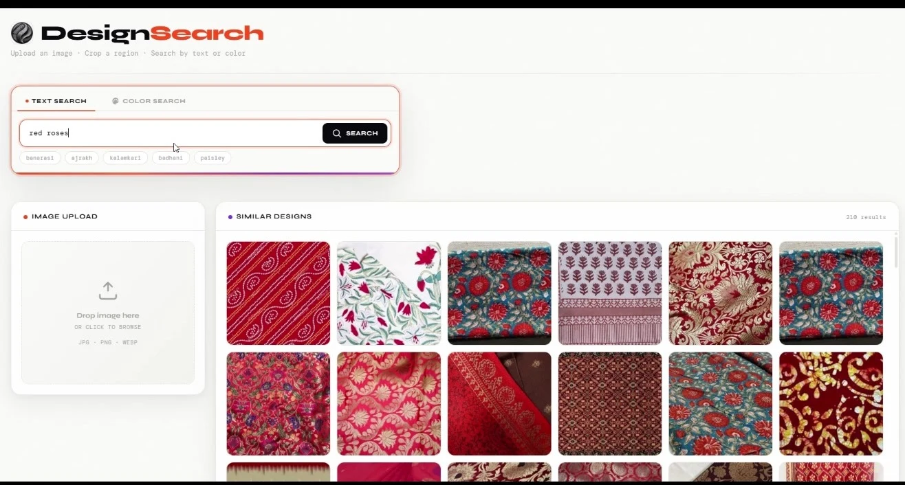 Image search for a textile design archive returning matching floral designs for the text query red roses