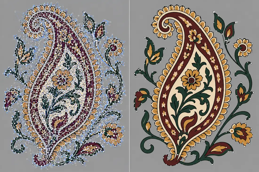 Auto-trace failure on a dense paisley textile motif with thousands of noisy broken paths, compared with the same paisley as clean AI vectorized textile design paths