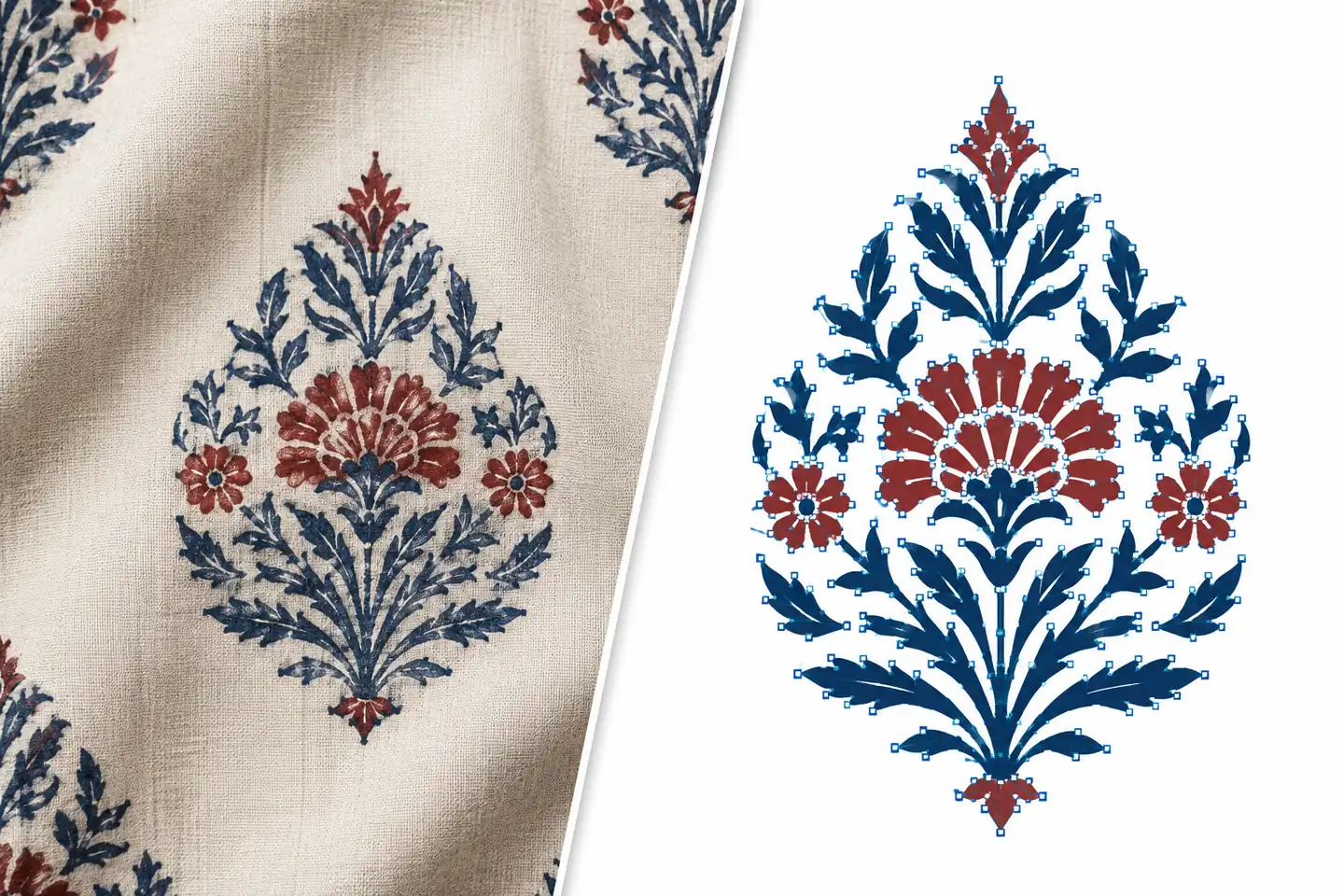 Vectorize a textile design: block-print fabric swatch photo on the left converted into clean vector paths with anchor points on the right for screen printing