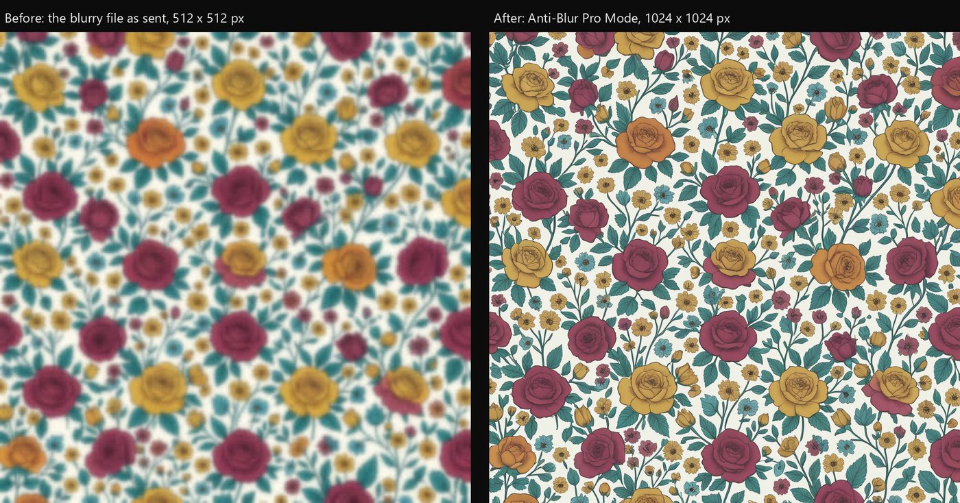The blurry 512 px floral beside the Anti-Blur output, edges and petal lines restored