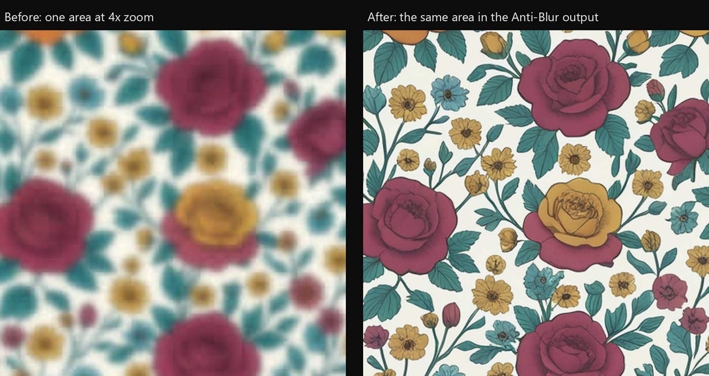 One area of the blurry input at 4x zoom beside the same area of the Anti-Blur output, now with drawn petals and leaves