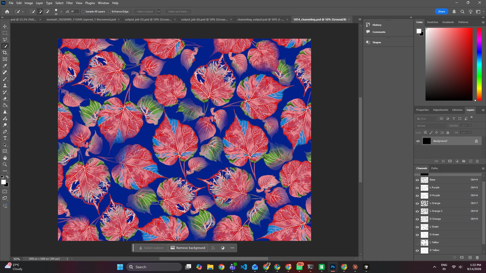 The downloaded Multichannel PSD in Photoshop with the Channels panel listing Base, L Purple, D Purple, L Orange, D Orange, L Green, D Green, L Yellow and D Yellow as spot channels