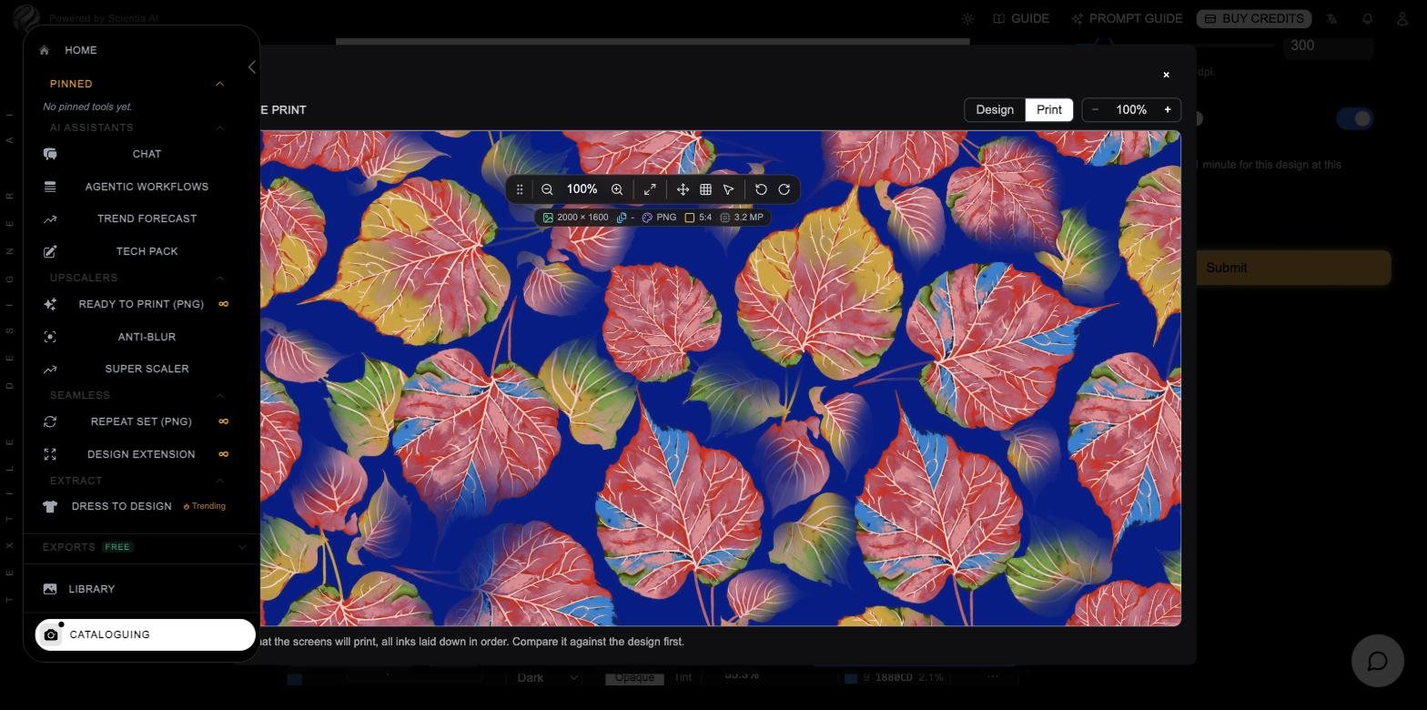 Print preview of the leaf design as the screens will print, with a Design and Print toggle and zoom control