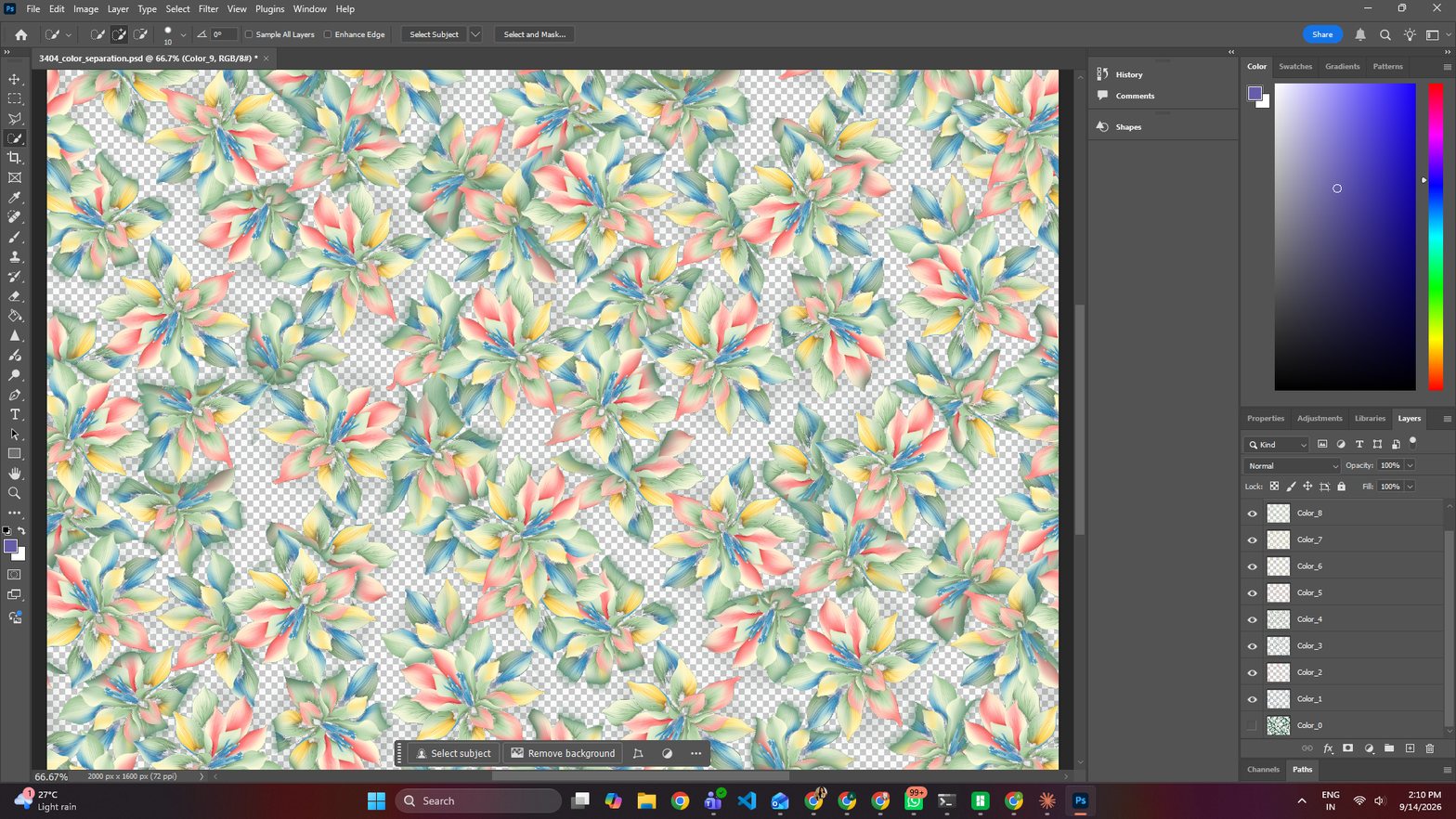 The downloaded PSD open in Photoshop with the Layers panel listing Color_0 through Color_9, one colour per layer
