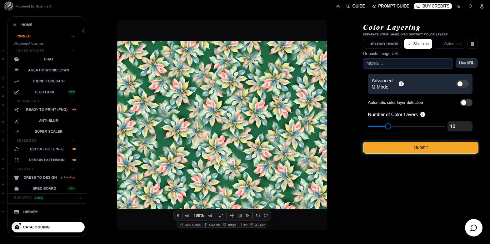 Color Layering panel with the design loaded, Automatic colour layer detection off and Number of Color Layers set to 10
