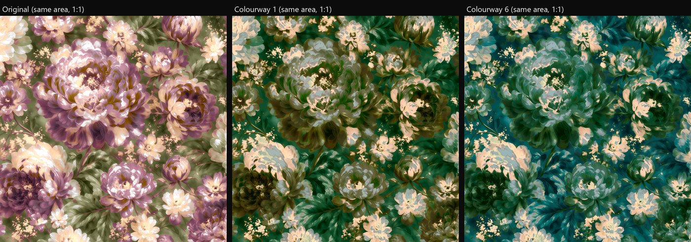 The same 1000 px area of the original and of two colourways at full resolution, showing identical brushwork with different colours