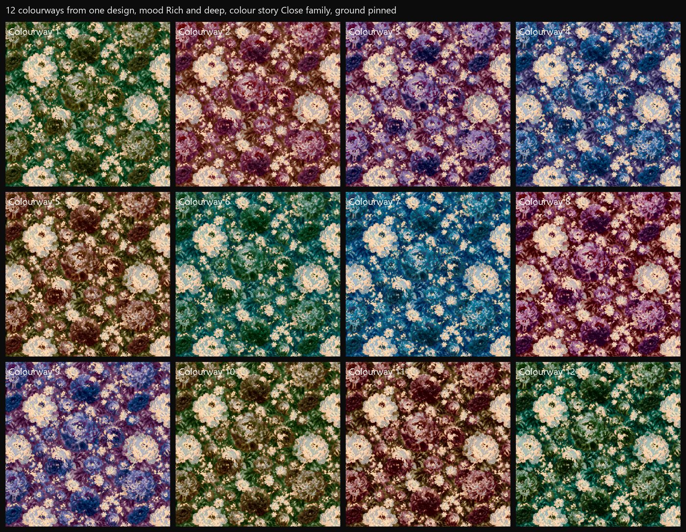Grid of twelve recoloured versions of the peony print: greens, wines, violets, blues, golds and teals, all with the cream flowers kept