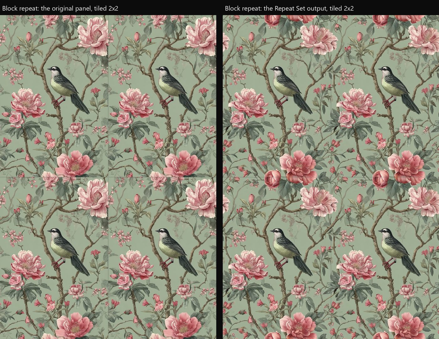 The original design tiled 2x2 in a block layout with visible seams on the left, and the Repeat Set block output on the right where the joins are continuous