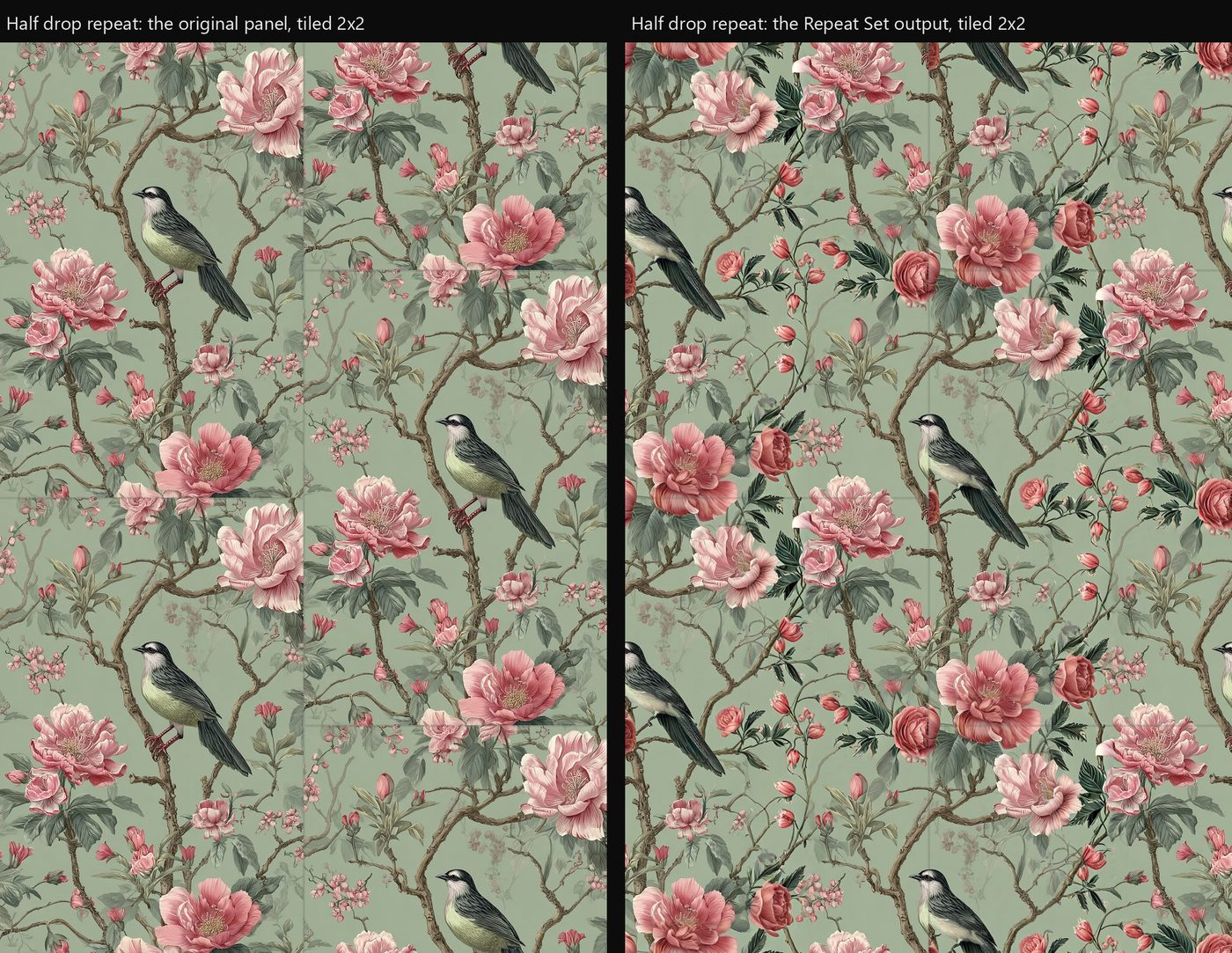 The original tiled 2x2 as a half drop of the original with seams on the left and the Repeat Set half-drop output on the right