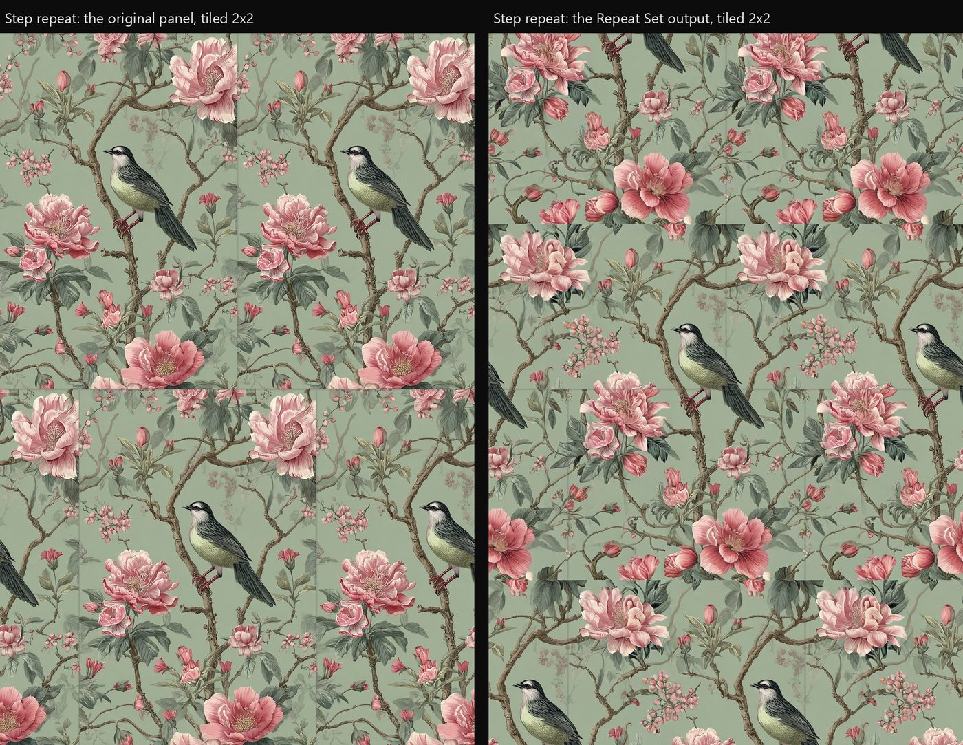 The original tiled 2x2 as a step repeat of the original with seams on the left and the Repeat Set step output on the right